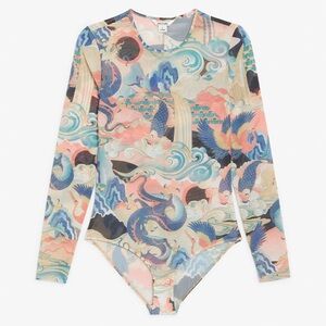 NWT Monki Women’s Multicolor Asian Patterned Sheer Tulle Bodysuit